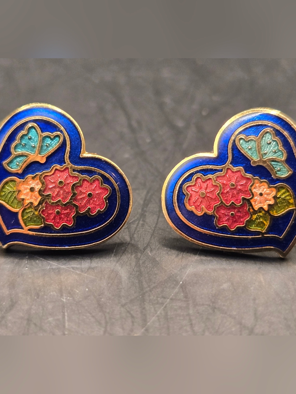 Vintage Cloisonné Heart Earrings Blue Enamel Floral Butterfly Studs